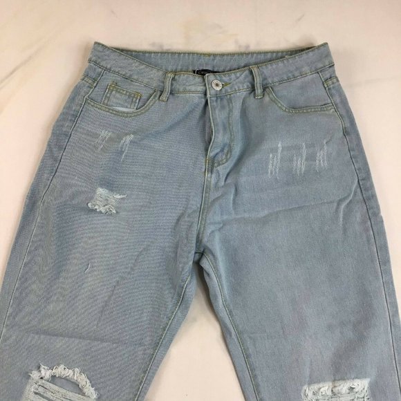Coeur De Vague Women's Blue Highly Distressed Crop Tapered Jeans Size L - Picture 2 of 9